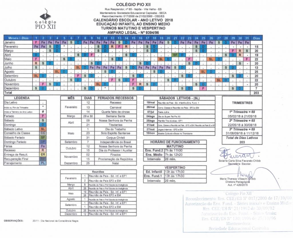 CALENDÁRIOS DO ENSINO REGULAR E CRECHE/INTEGRAL PARA O ANO DE 2018
